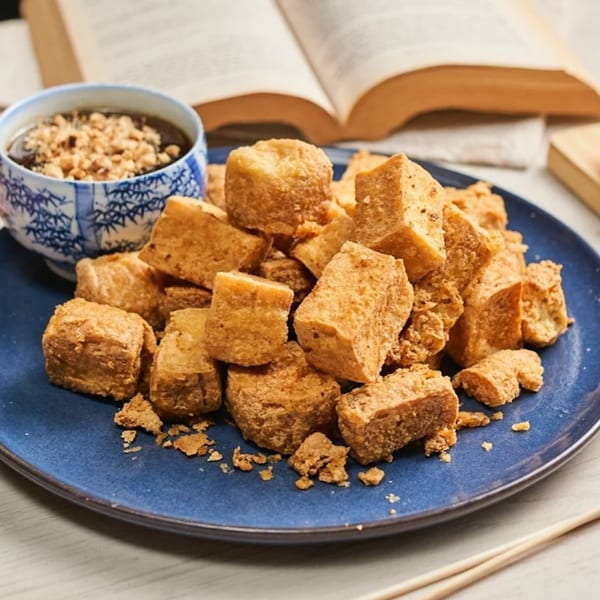 Crispy fried tofu pieces on a blue plate with a side of dipping sauce and an open book.
