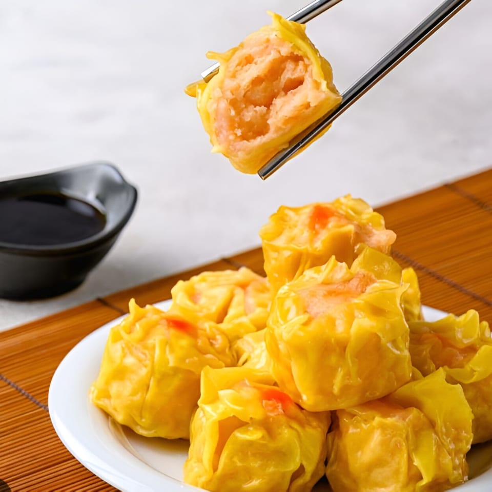 Chopsticks holding a Thai shumai dumpling over a plate of more dumplings and a soy sauce bowl.